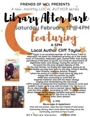 Library After Dark Flyer about Cliff Taylor, author